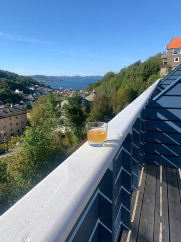 a glass of wine sitting on the edge of a roof at Cosy house with sunny terrace, garden and fjord view in Bergen