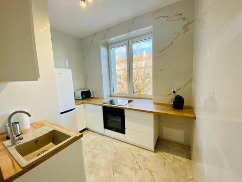 małą kuchnię ze zlewem i oknem w obiekcie Gold Apartament w mieście Świdnik