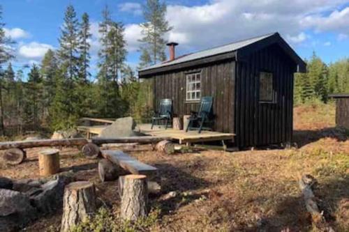 una piccola cabina con tavolo da picnic e sedie all'aperto di Velkommen til Finnskogen og minihytta Rimbila a Kongsvinger