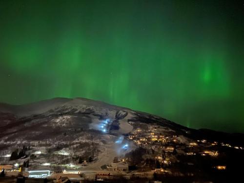 eine Luftansicht einer Stadt unter den grünen Nordlichtern in der Unterkunft Hytte med god standard in Stranda