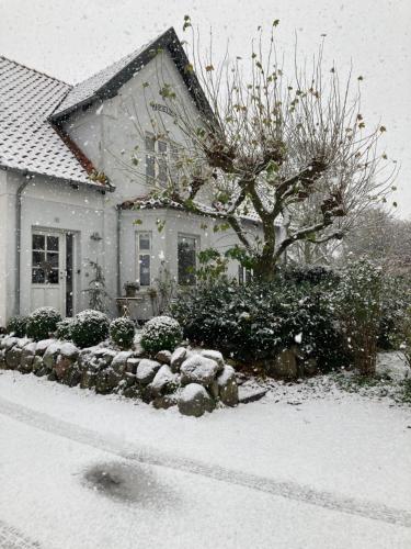 ein schneebedecktes Haus vor einem Haus in der Unterkunft Marielyst B&B - Apartments in Næstved