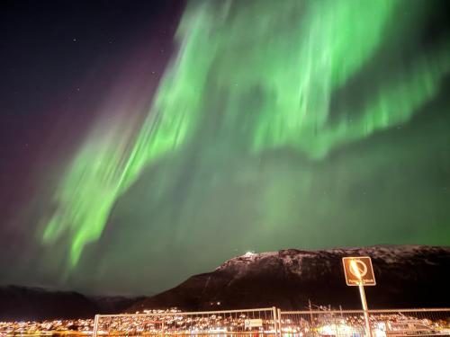 een afbeelding van het noorderlicht in de lucht bij Guesthouse in Tromso center by Dada in Tromsø