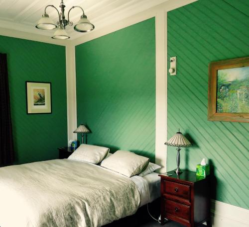 una camera da letto con una parete verde, un letto e un tavolo di Shady Rest Bed & Breakfast a Takaka