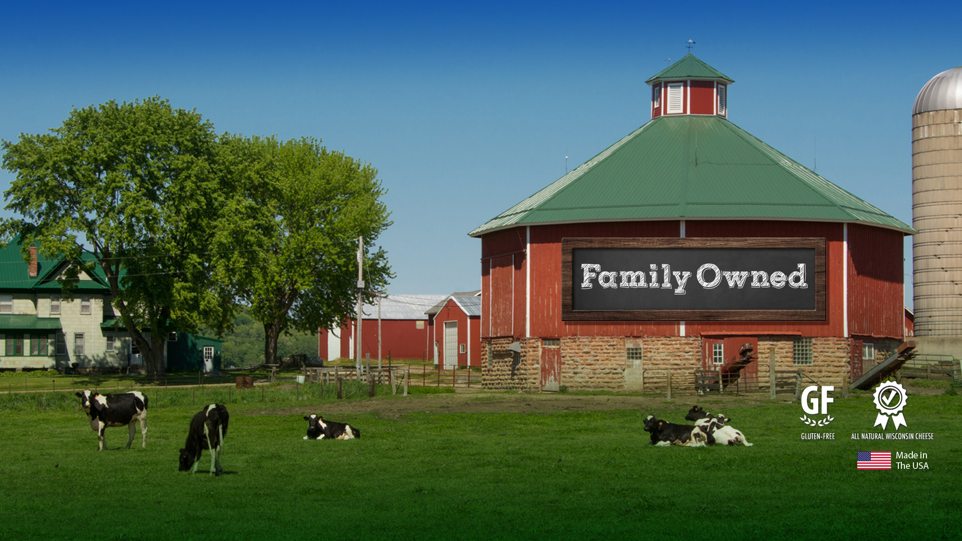 Image of Wisconsin Dairy Farm, Gluten Free, Quality Ribbon and USA Flag, Sign with Family Owned