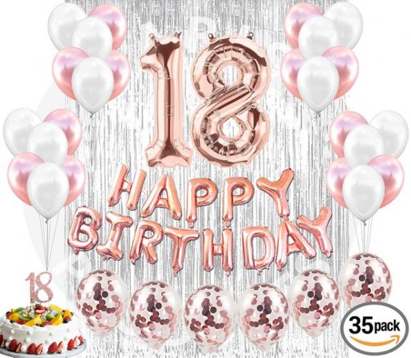 18th Birthday Decorations Birthday Party Supplies 18 Cake Topper Banner  Confetti Balloons for her Silver Curtain Backdrop Props Photos bday.