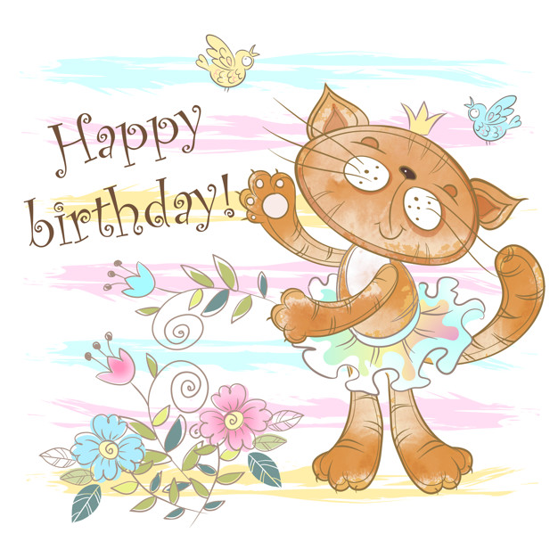 Birthday card with a cute cat ballerina. Vector.