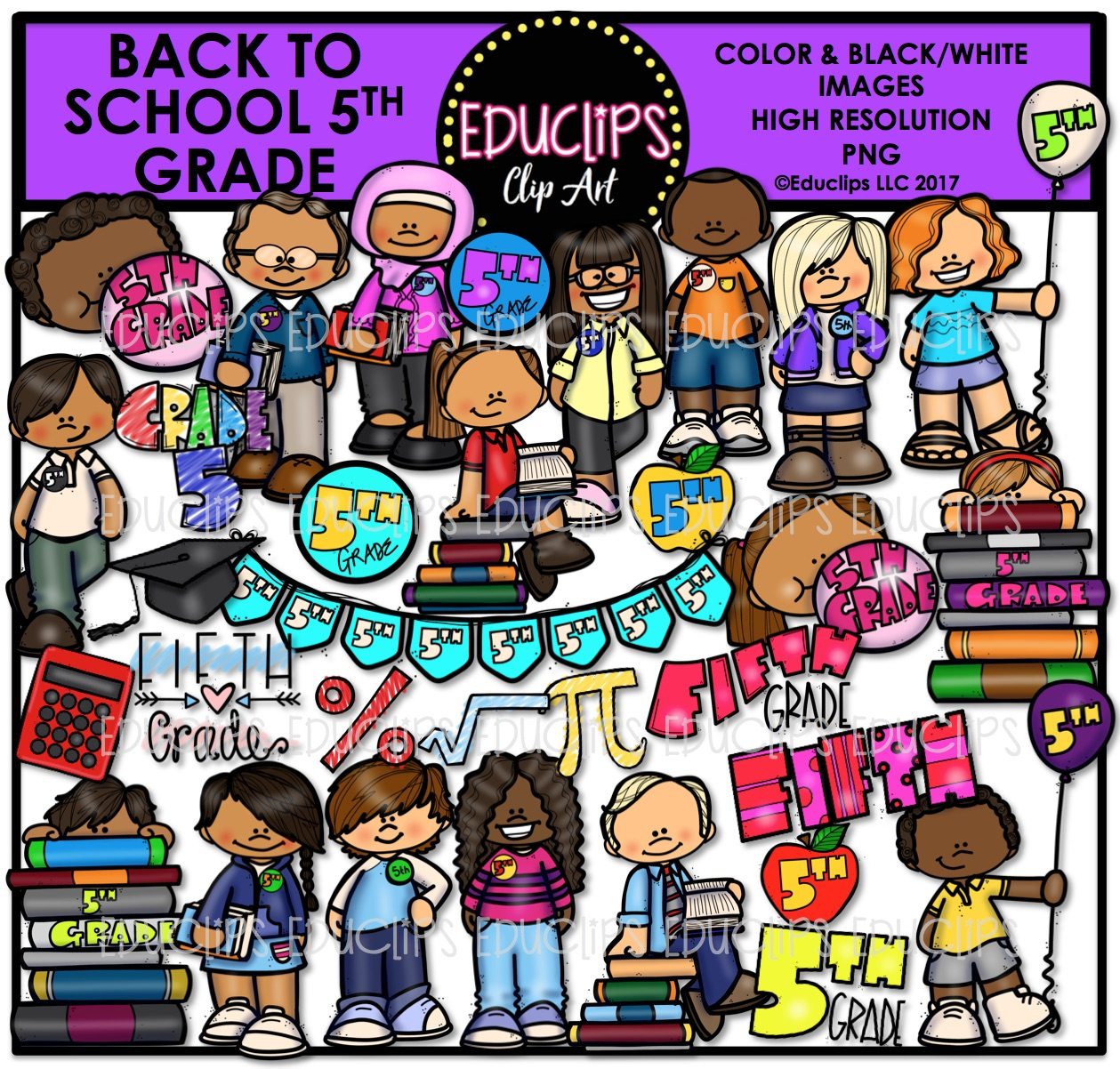 Back To School Fifth Grade Clip Art Bundle (Color and B&W).