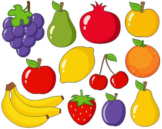 Cute fruits digital clip art grapes apple bananas pear plum.