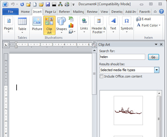 Word 2010: Add your signature as a clipart image.