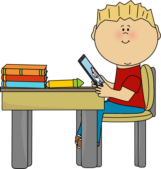 Boy Sitting at School Desk with a Tablet Clip Art.