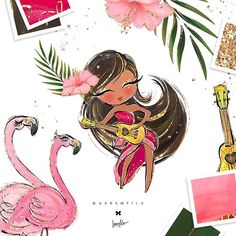 Tropical Clipart Glitter Flamingo Clipart Hula Girl Hawaii.