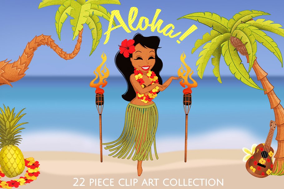 Aloha Hawaiian Luau Clip Art Set.