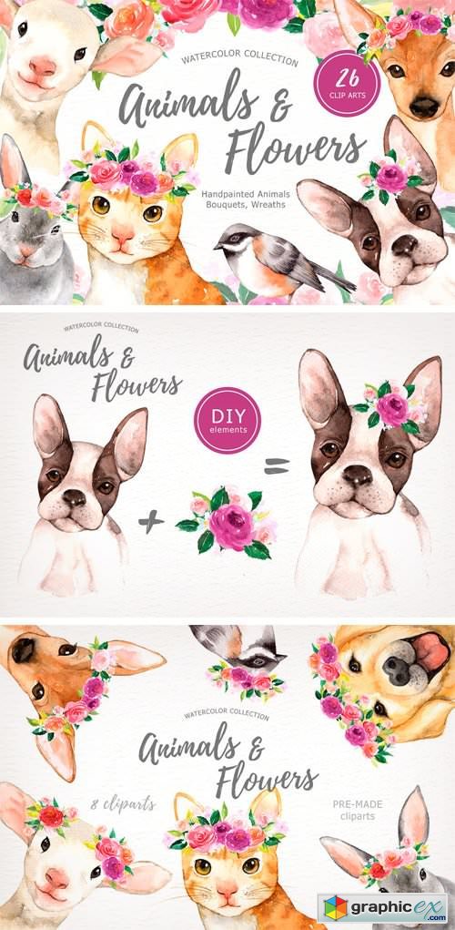 Animals & Flowers Watercolor Clipart » Free Download Vector.