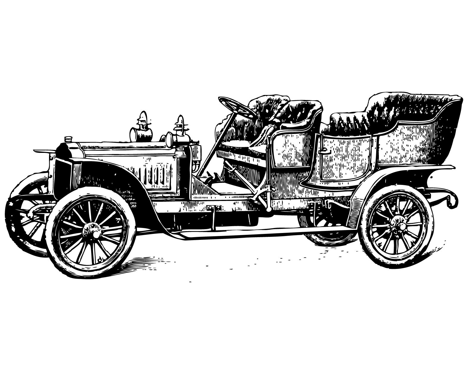 Vintage clip art of cars, coaches and horseless carriages.