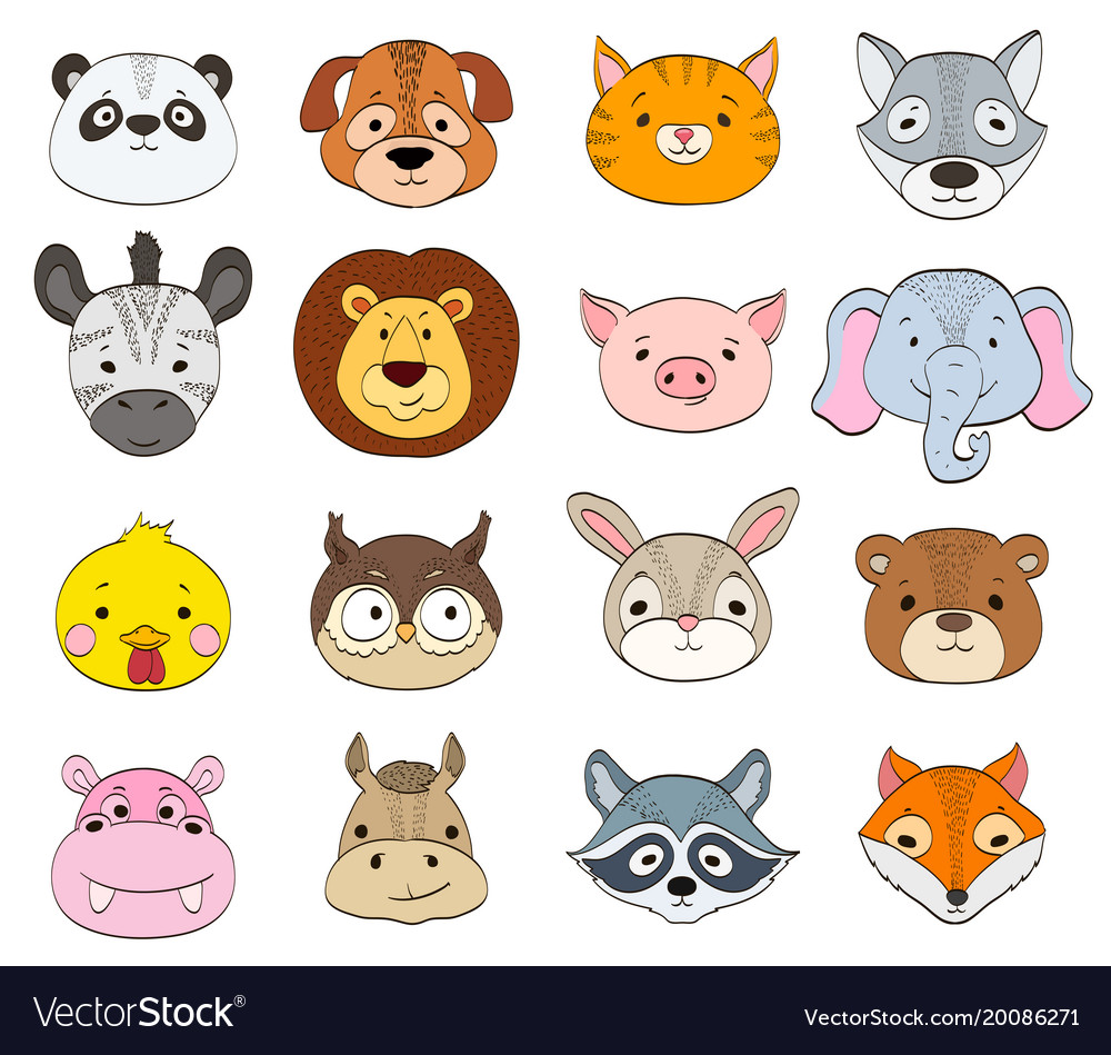 Set of cartoon animal faces on white baby animals.