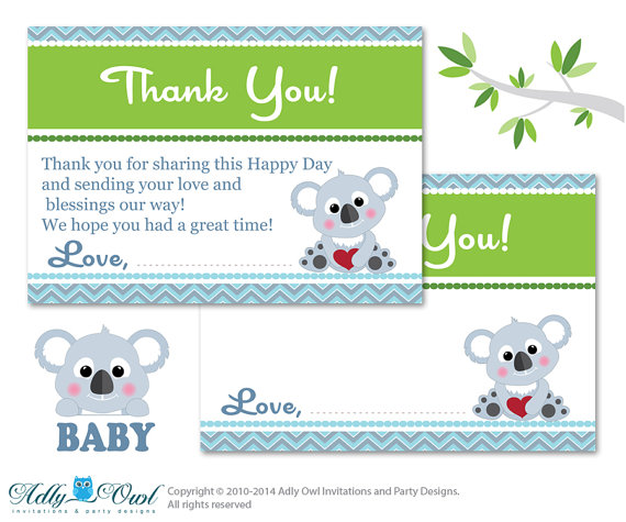 Boy Koala Thank you Card Printable for Baby Boy Shower or Birthday.