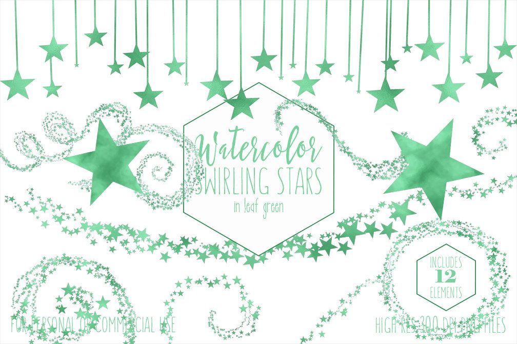 LEAF GREEN STARS Clipart Commercial Use Clip Art Watercolor.