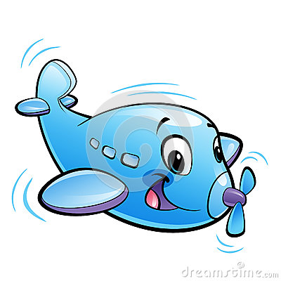 Baby Cute Cartoon Blue Airplane Character With Propeller Flying.