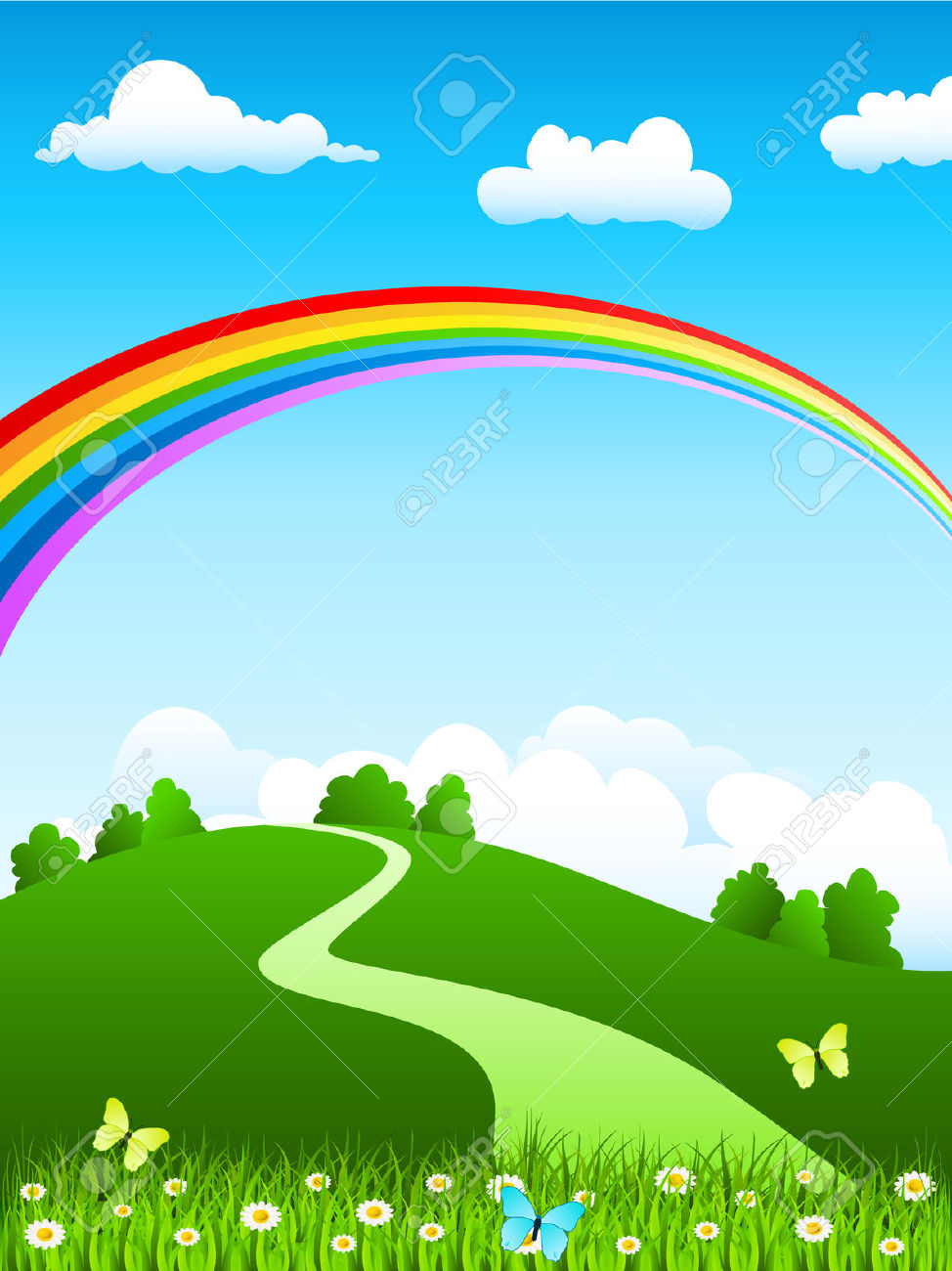 Beautiful garden with rainbow background clipart.