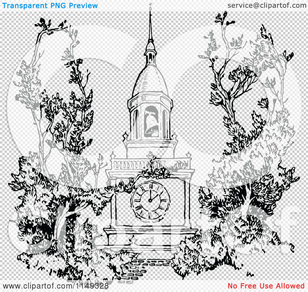 Clipart of a Retro Vintage Black and White Spire Bell Tower.