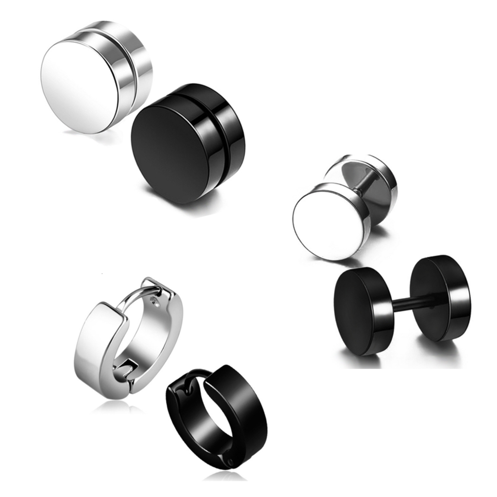 Set Of 6 Boys Charm Round Faux Black Silver Plug Stud Earrings for Men.