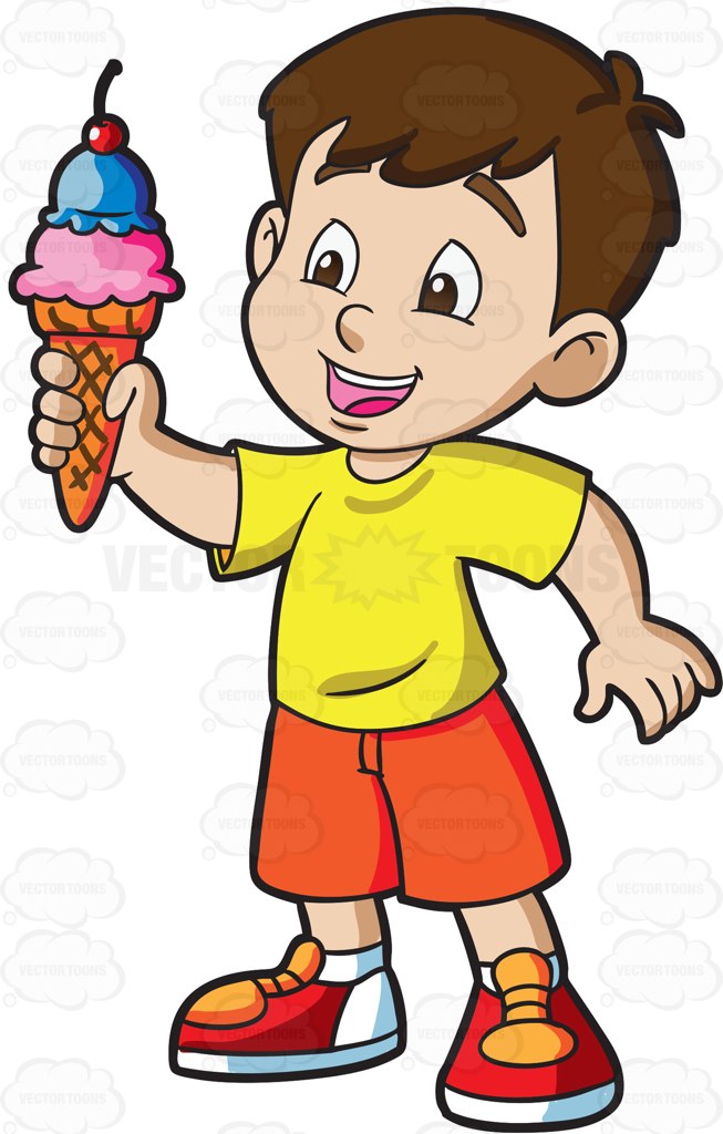 A Young Boy Grabs A Cone Of Ice Cream On A Hot Day.