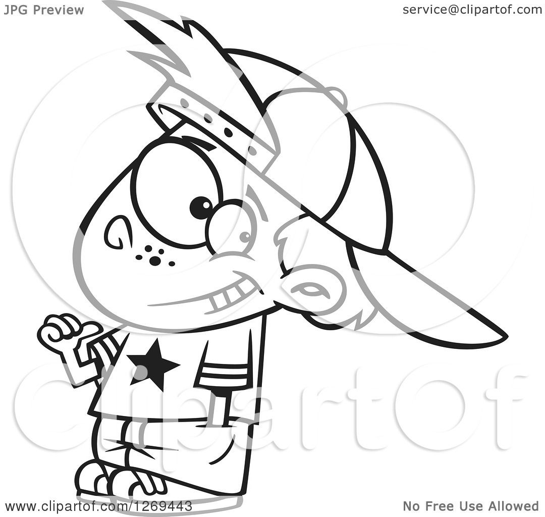 Clipart of a Black and White Cartoon Little Boy Wearing an All.