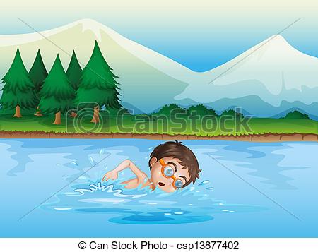 Vector Clipart of A boy swimming at the river.