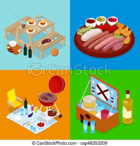 Isometric BBQ Picnic Food. Summer Holiday Camp. Grilled Meat, Wine and  Vegetables. Vector flat 3d illustration.