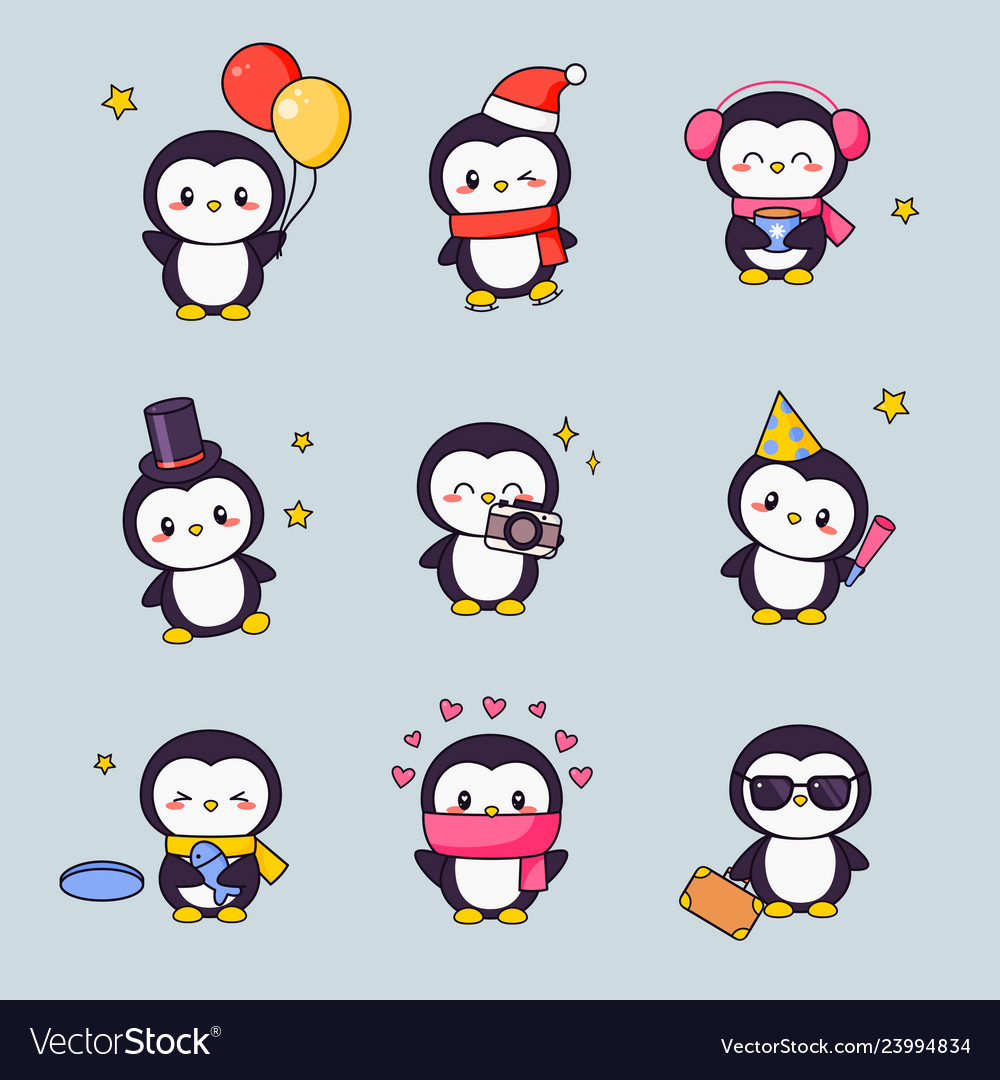 Cute penguin kawaii clipart sticker set bird.