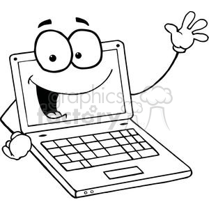 Laptop Cartoon Character Waving A Greeting clipart. Royalty.