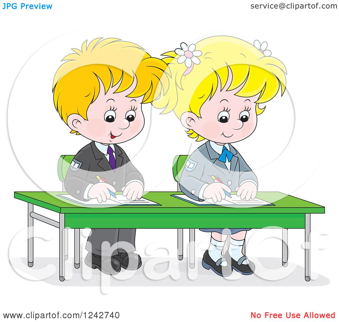 Clipart of Blond School Children Writing at Their Desk.