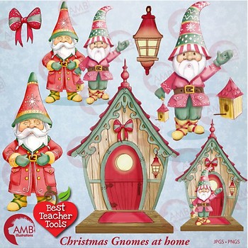 Christmas gnomes clipart watercolor, Christmas bird house clipart, AMB.