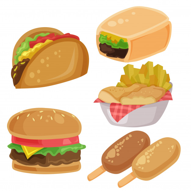 Junk food vector clip art burger burrito fries chips element set.