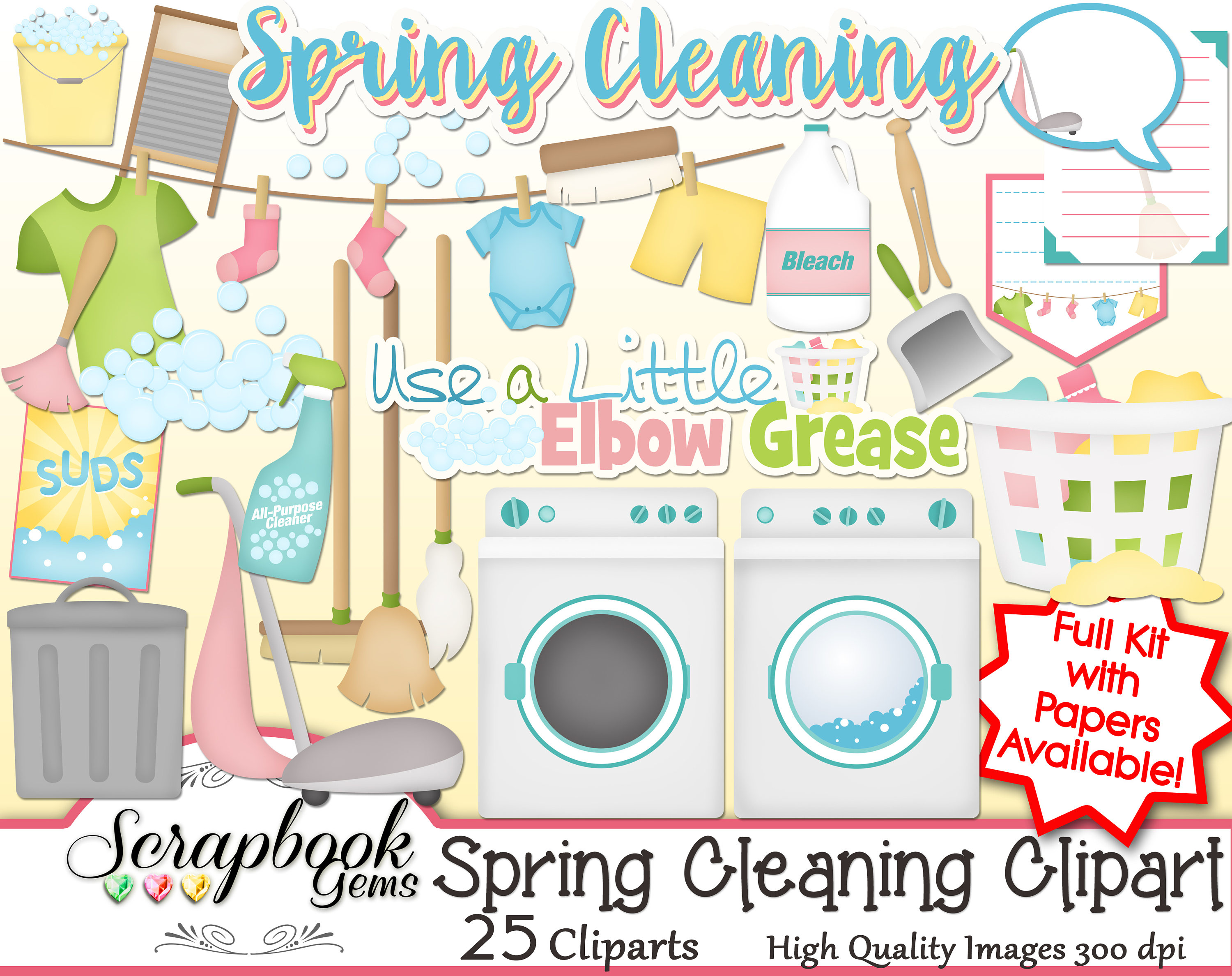 SPRING CLEANING Clipart, 25 png Clipart files Instant Download cleaner  washer dryer laundry cloths line trash vacuum broom mop dust bubbles.