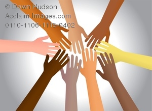 Clipart Image of A Group Of Diverse Hands Reaching Out To Each.