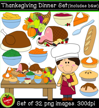 Thanksgiving Dinner Clipart Set (32 png, 300dpi images. Commercial/personal  use).