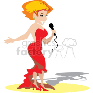 A Woman in a Fancy Red Dress Holding a Microphone Singing clipart.  Royalty.