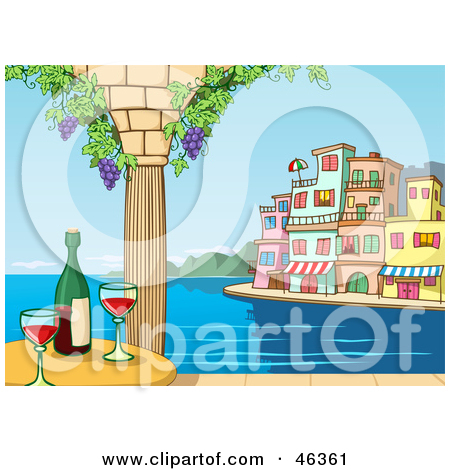 Clipart Illustration of a Coastal Village Of Homes On A Hillside.