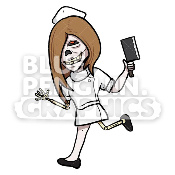 Crazy Nurse Zombie Running with a Knife Vector Cartoon Clipart Illustration.