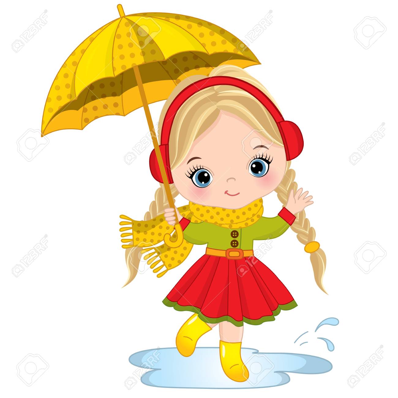 Vector cute little girl holding umbrella. Vector little girl...