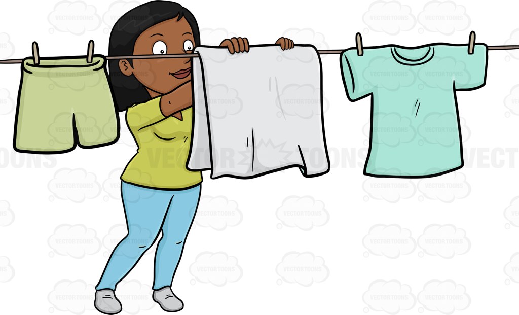 A Cheerful Black Woman Hanging Garments To Dry On A Bright Day.