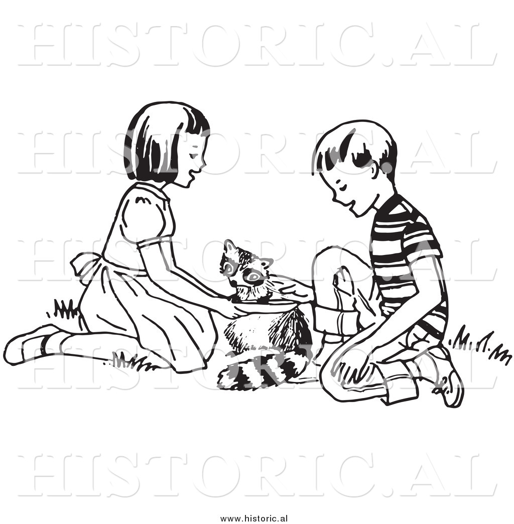 Clipart of Happy Kids Feeding a Hungry Raccoon.