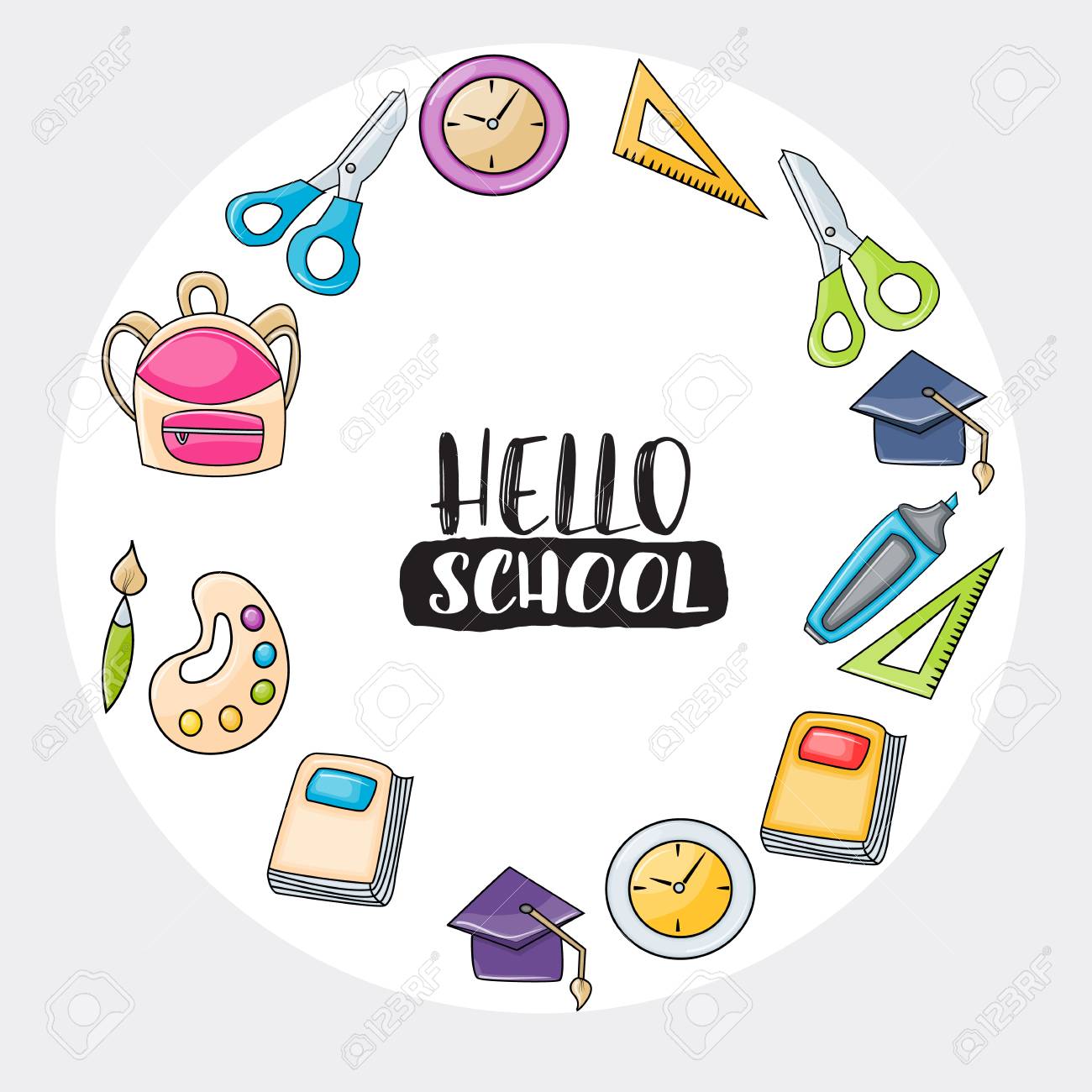 Hello school doodle clip art greeting card. Cartoon vector illustration...