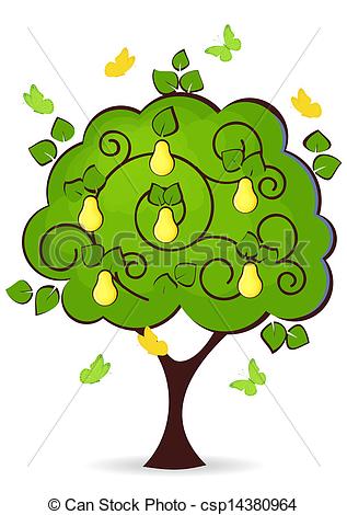 Clip Art Vector of pear tree with yellow ripe fruit butterflies.