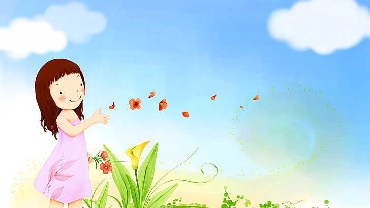 HD wallpaper: girl in pink dress clipart, childhood, flowers.