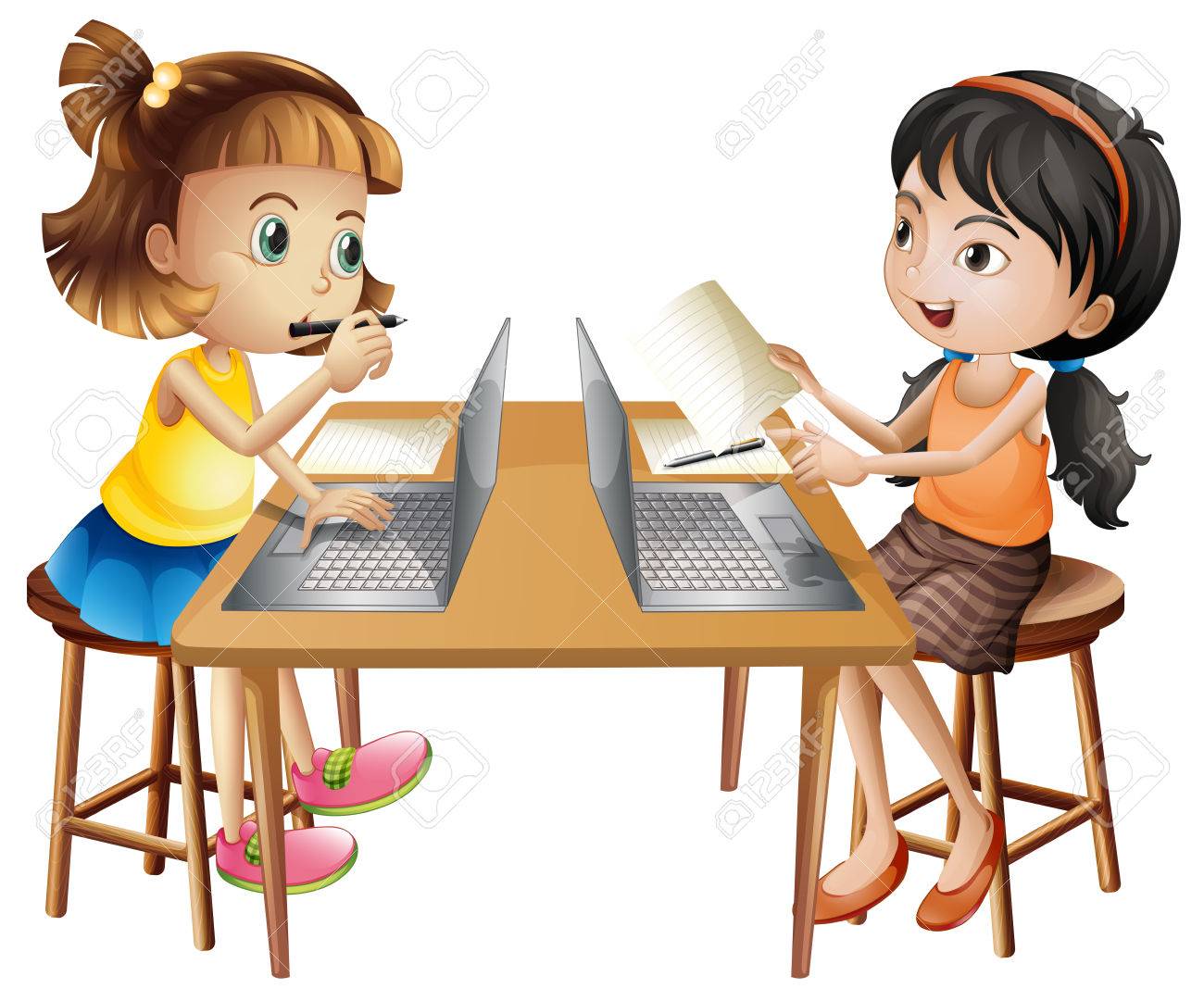 Two girls working on computer illustration.