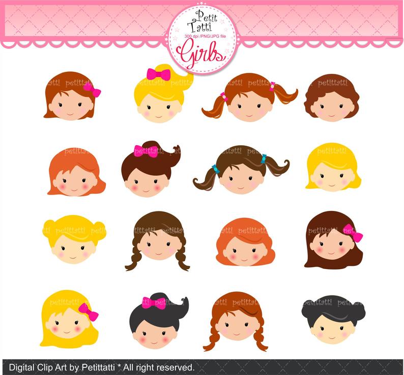 ON SALE Girl Face Clip Art _ Cute Girl Faces Clip Art. Girls Head Clipart ,  Girl Head Clip art, Girl Clip Art, Nursery Decor DIY, Charactor.