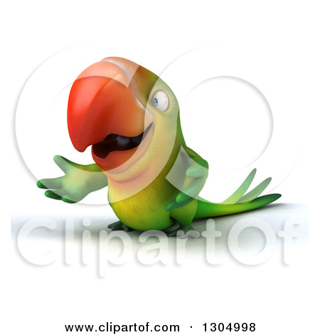 Clipart of a Cartoon Green Macaw Parrot Holding a Pencil, on a.