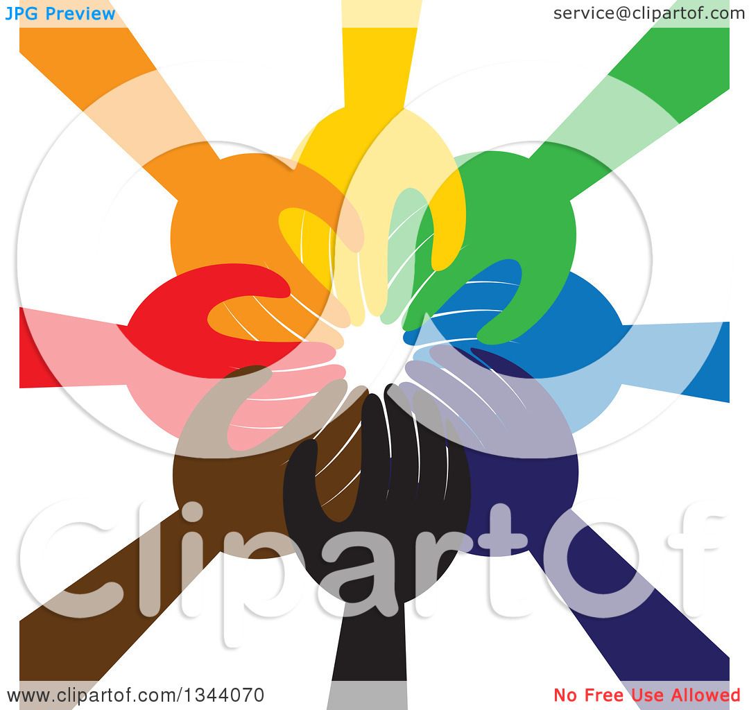 Clipart of a Group of Colorful Human Hands Reaching All in.